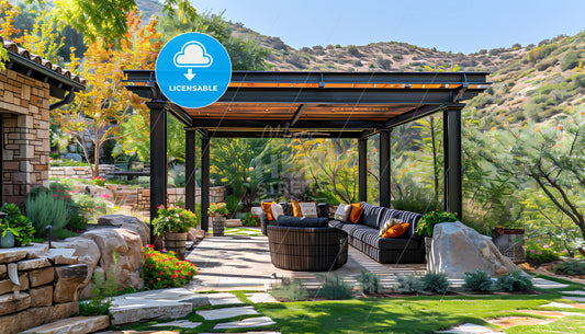 Colorful Metal Pergola Over Patio with Upholstered Sofa Couch, Trees, and Mountain Landscape as Background