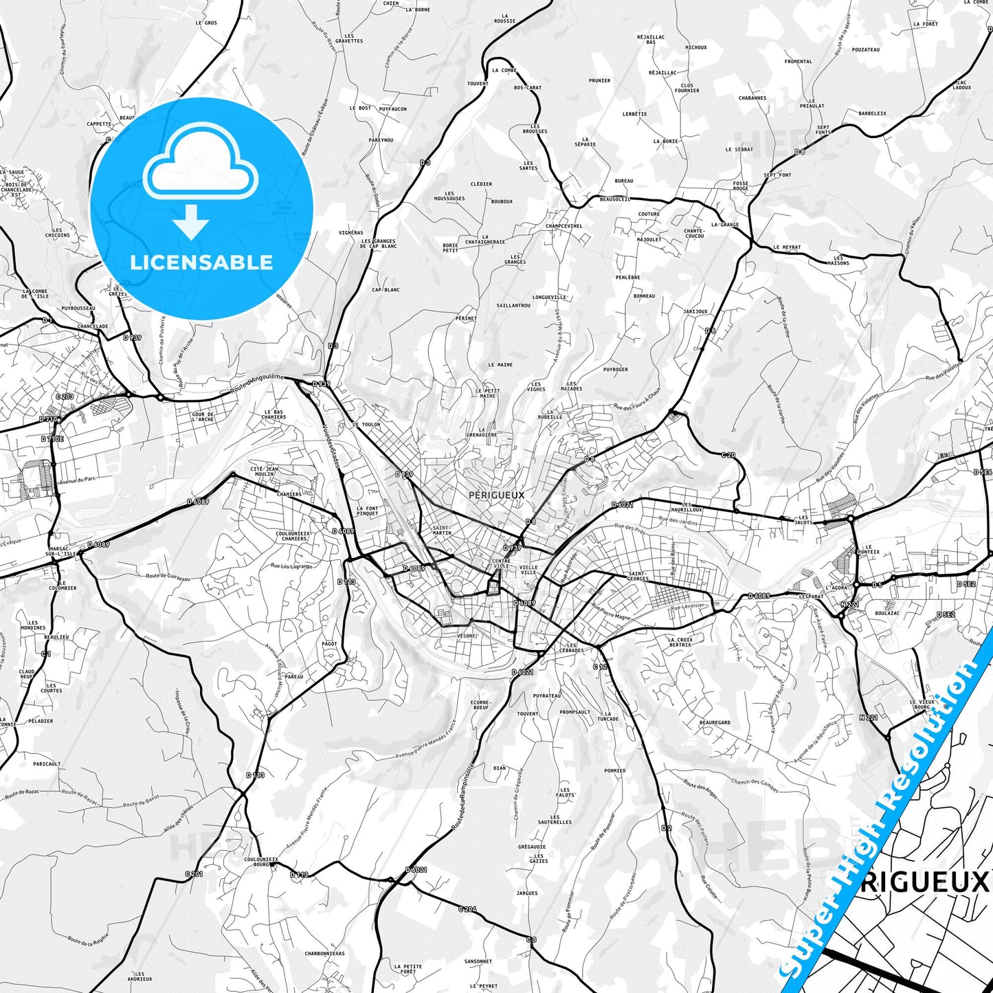 Périgueux, France Light Map with Street Names, City Names, and Districts