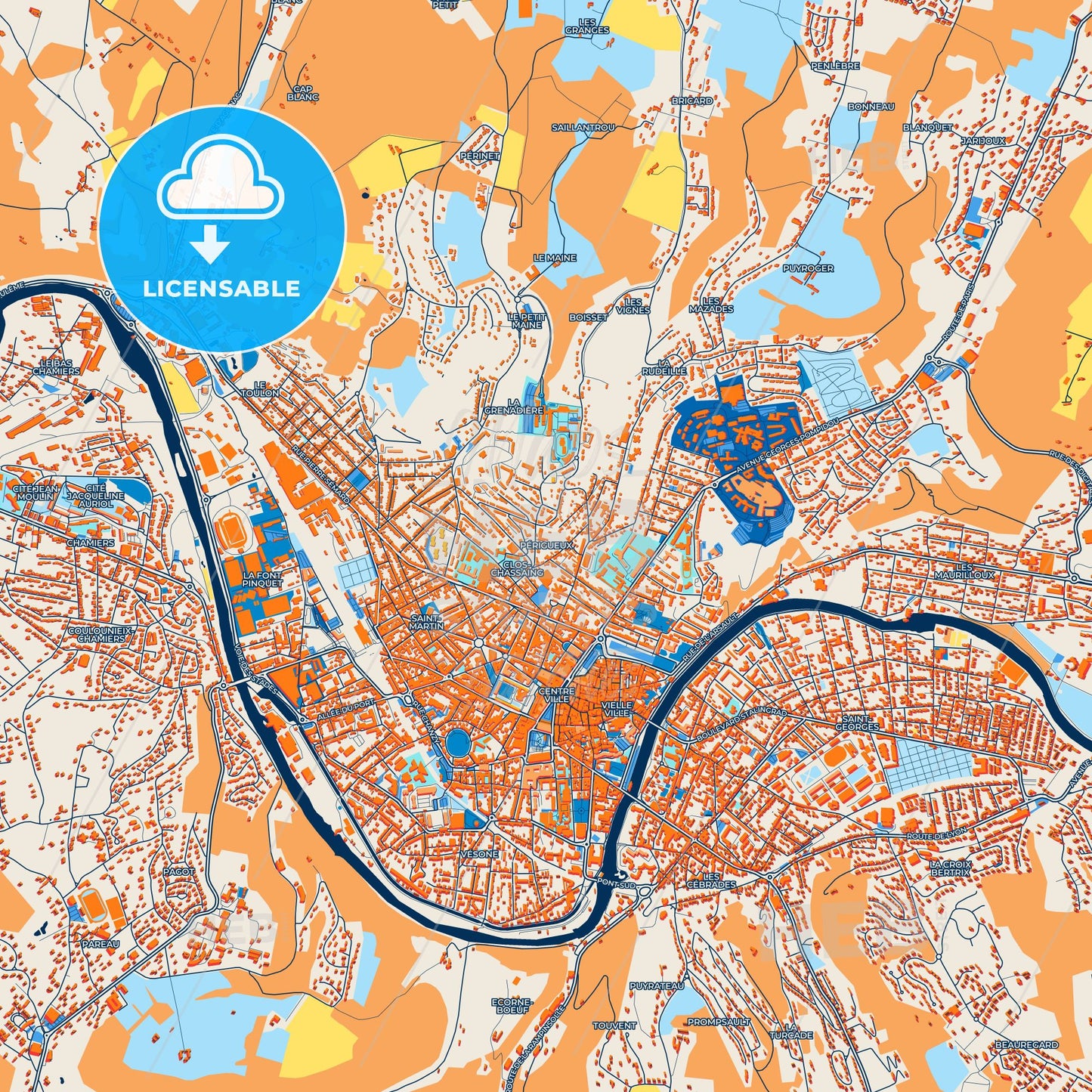 Colorful Périgueux Street Map with Labels and Buildings