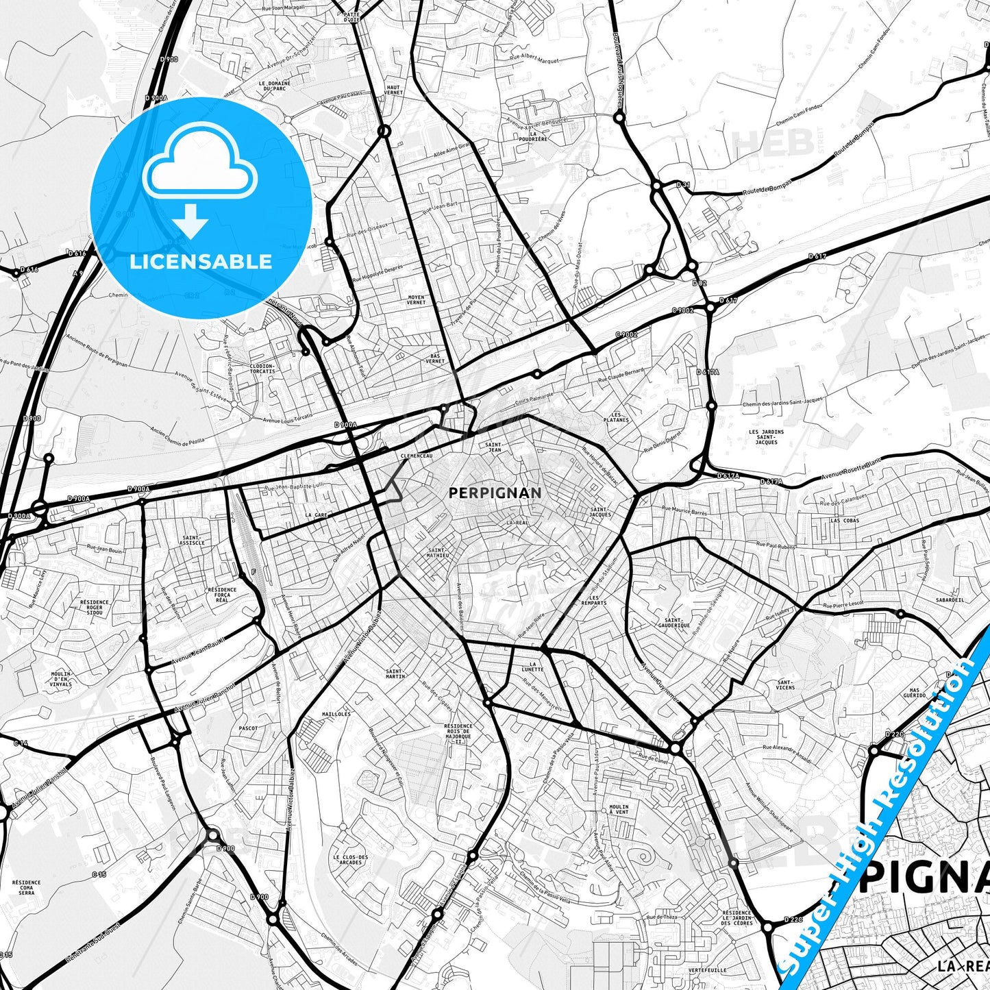 Perpignan, France Light Map with Street Names, City Names, and Districts