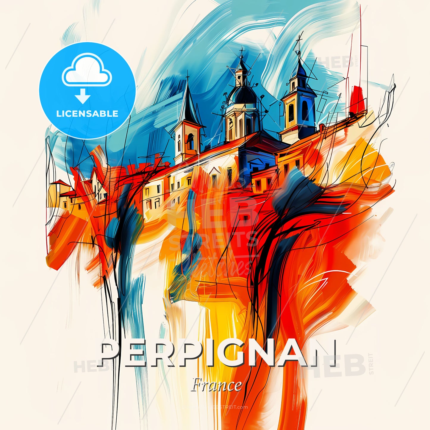 Vibrant Perpignan, France - A Painting Of A Building - Square format print template