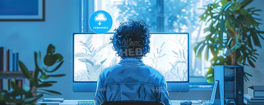Abstract art painting, blue line drawing, computer, person looking out window