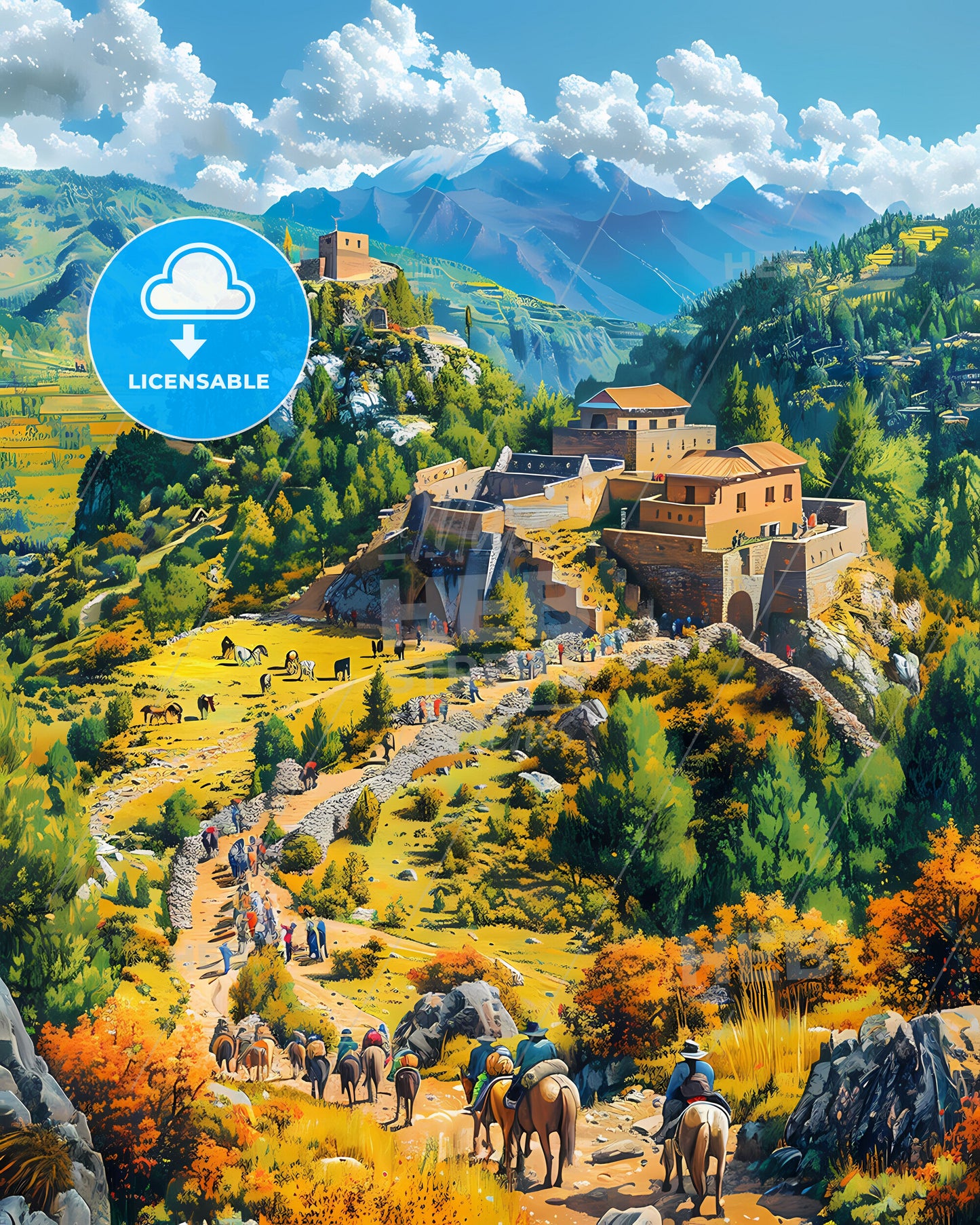 Peruvian Art: Vibrant Mountaintop Scene with Traditional Architecture