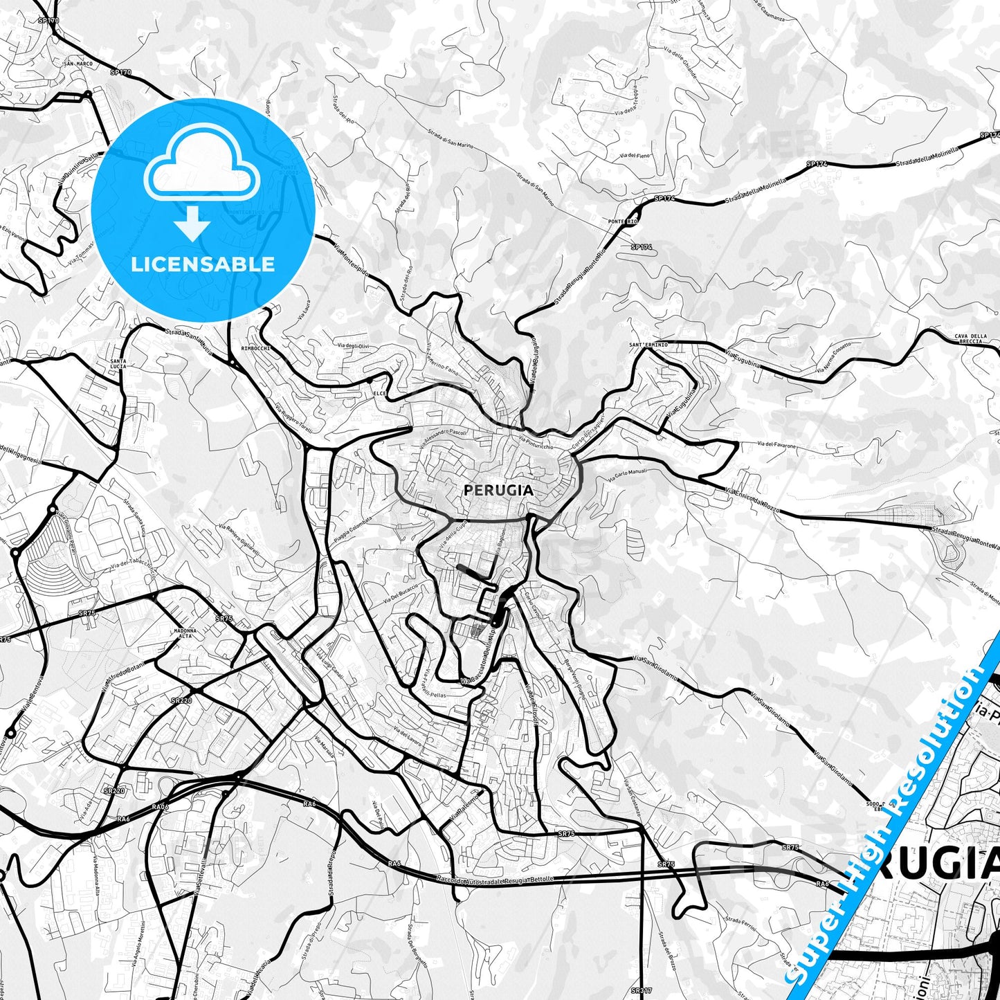 Perugia, Italy Light Map with Street Names, City Names, and Districts