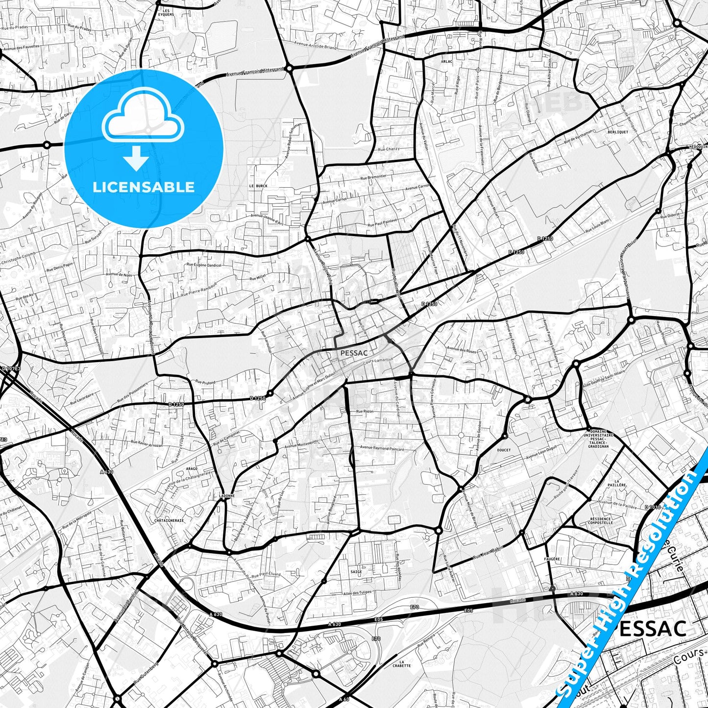 Pessac, France Light Map with Street Names, City Names, and Districts