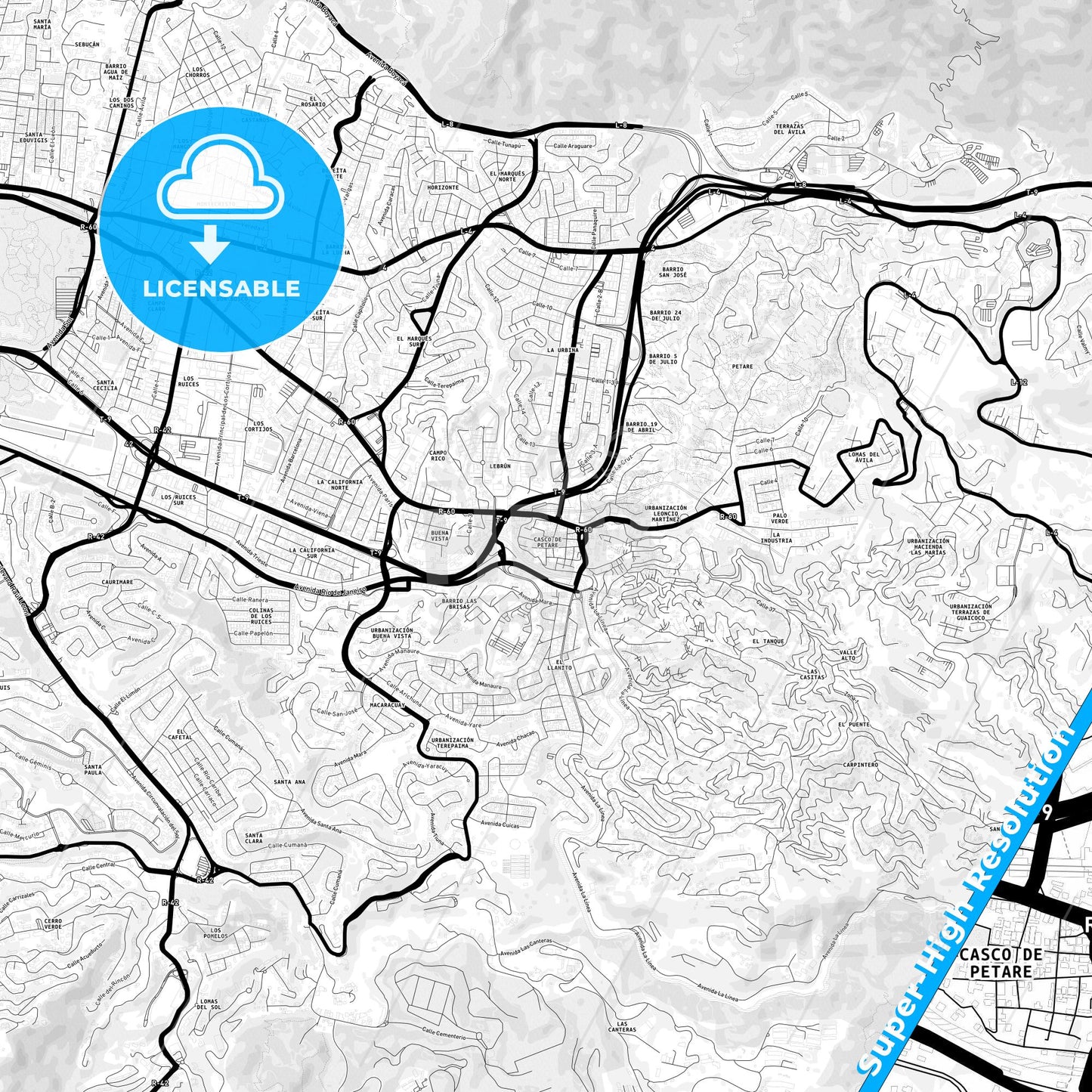 Petare, Venezuela Light Map with Street Names, City Names, and Districts
