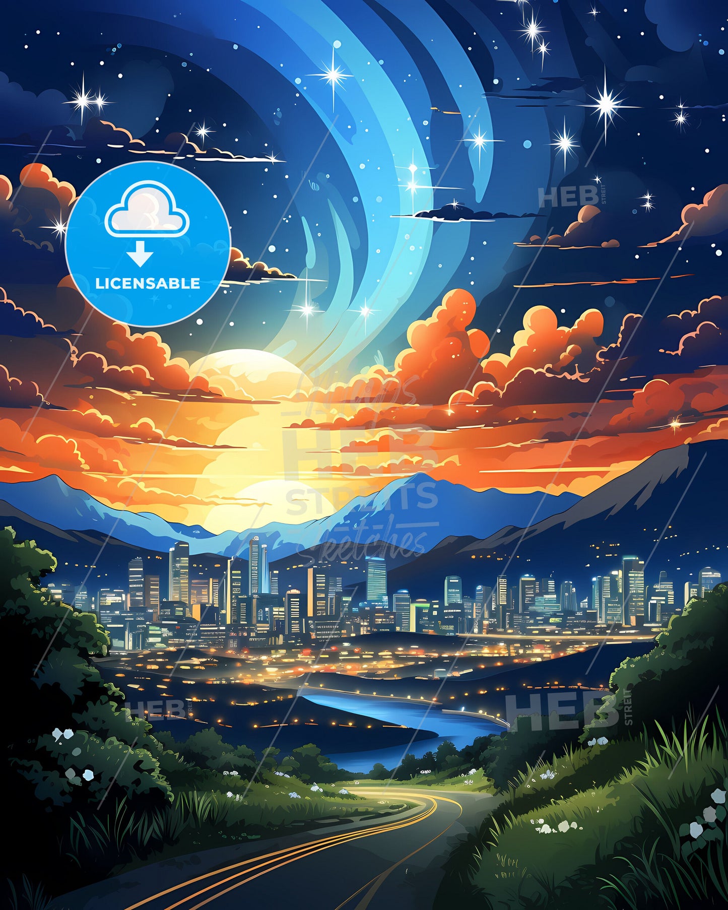 Vibrant Night City Skyline Cityscape Painting Caracas Venezuela Mountains Highway Road