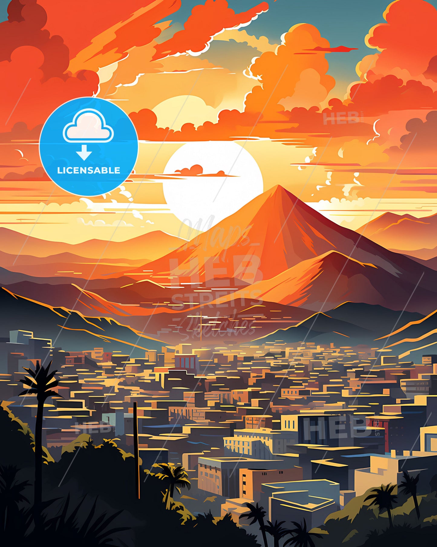 Petare Venezuela Skyline Cityscape Tower Art Painting Viewpoint Mountains Background