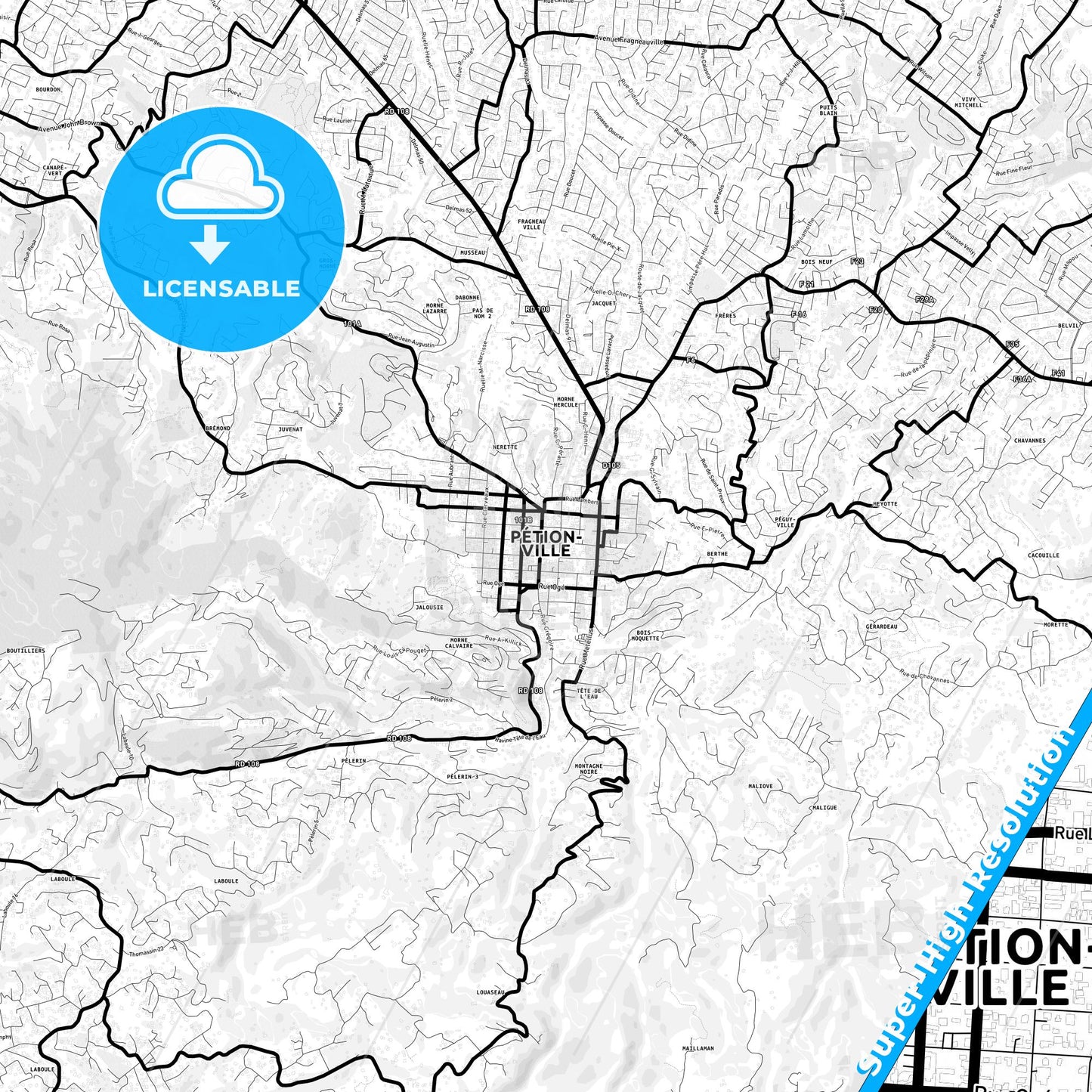Pétion-Ville, Haiti Light Map with Street Names, City Names, and Districts