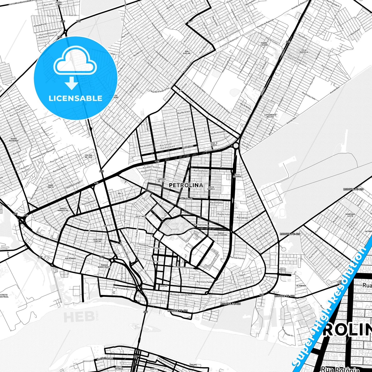 Petrolina, Brazil Light Map with Street Names, City Names, and Districts