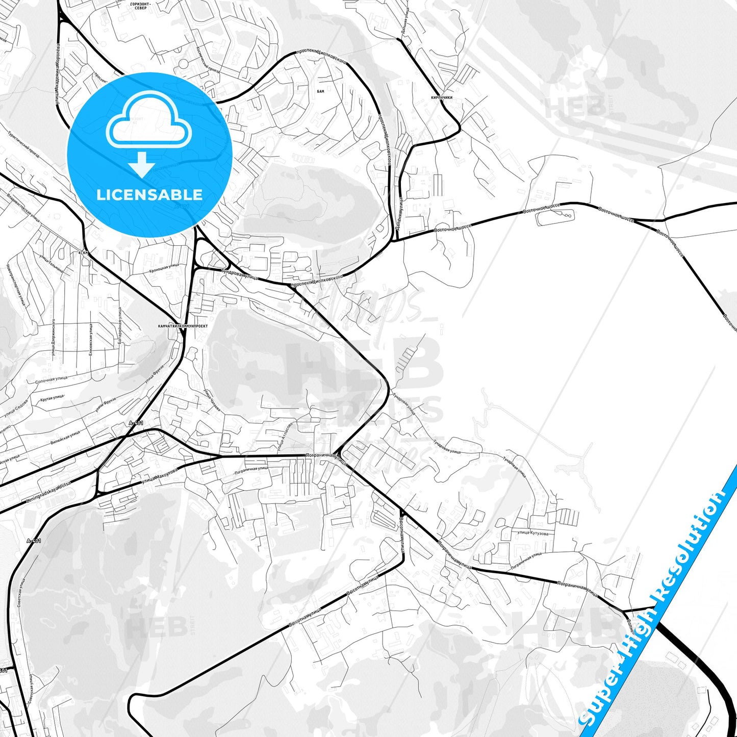 Petropavlovsk-Kamchatsky, Russia Light Map with Street Names, City Names, and Districts