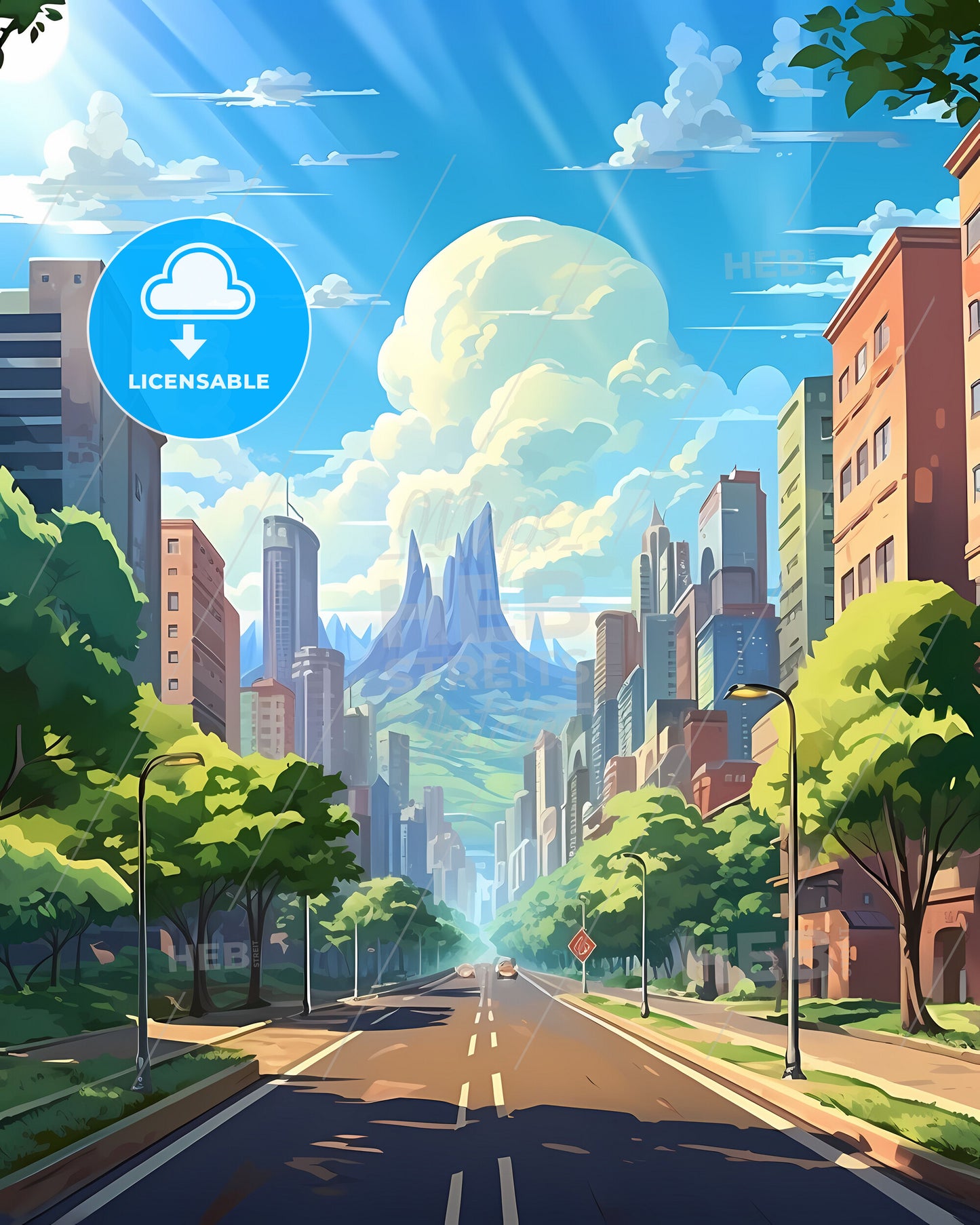 Skyline of Petropolis Brazil Road Trees Buildings Painting Canvas Art Impressionistic