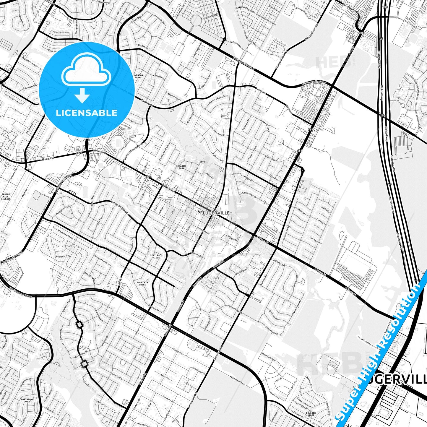 Pflugerville, Texas Light Map with Street Names, City Names, and Districts