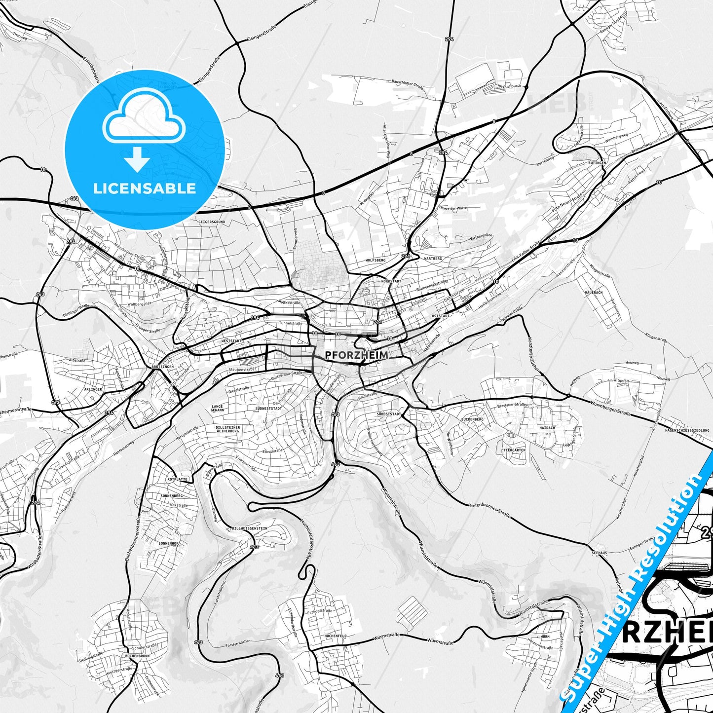 Pforzheim, Germany Light Map with Street Names, City Names, and Districts