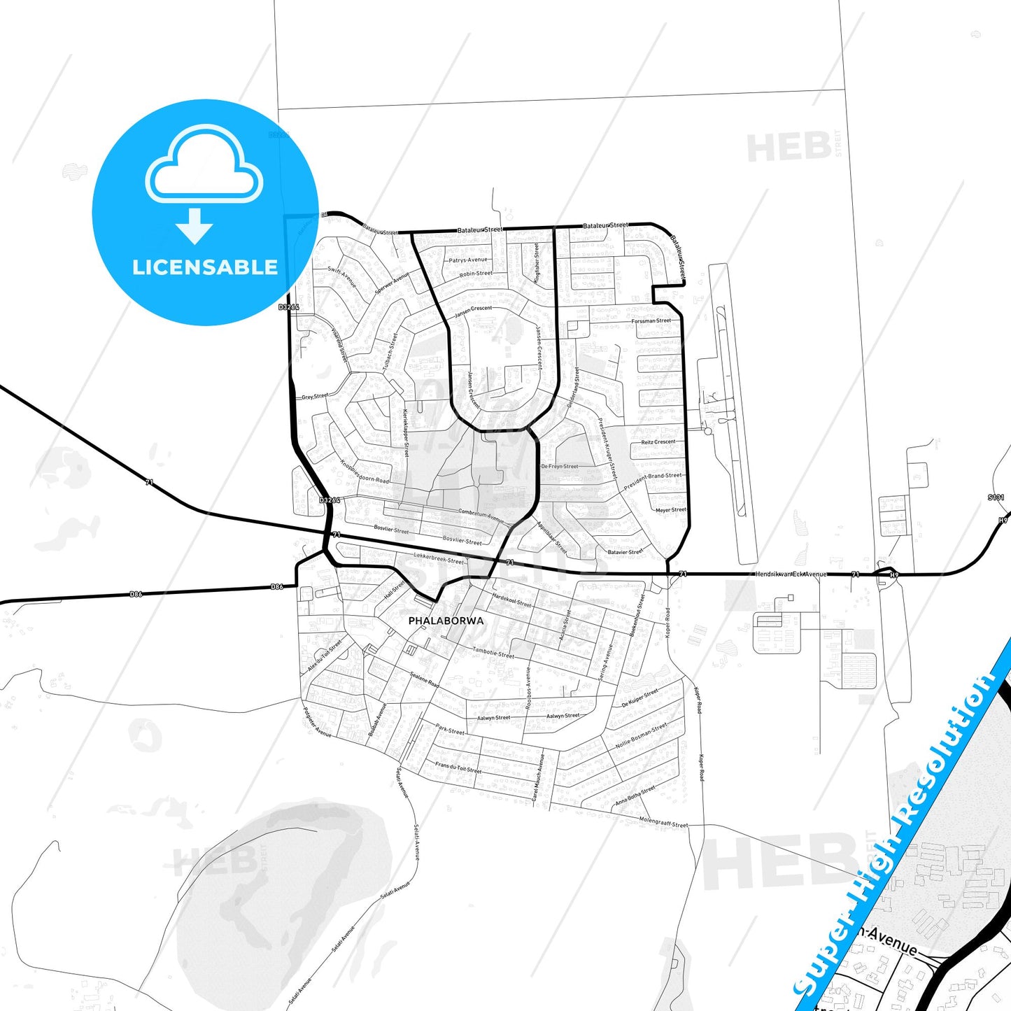 Phalaborwa, South Africa Light Map with Street Names, City Names, and Districts