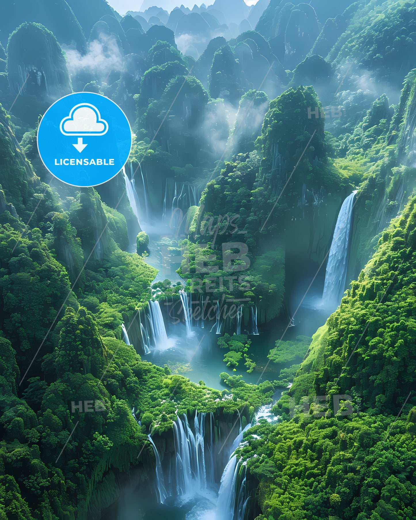 Vibrant Painting of a Waterfall in the Philippines, Southeast Asia, Featuring Lush Green Trees and Intricate Artwork