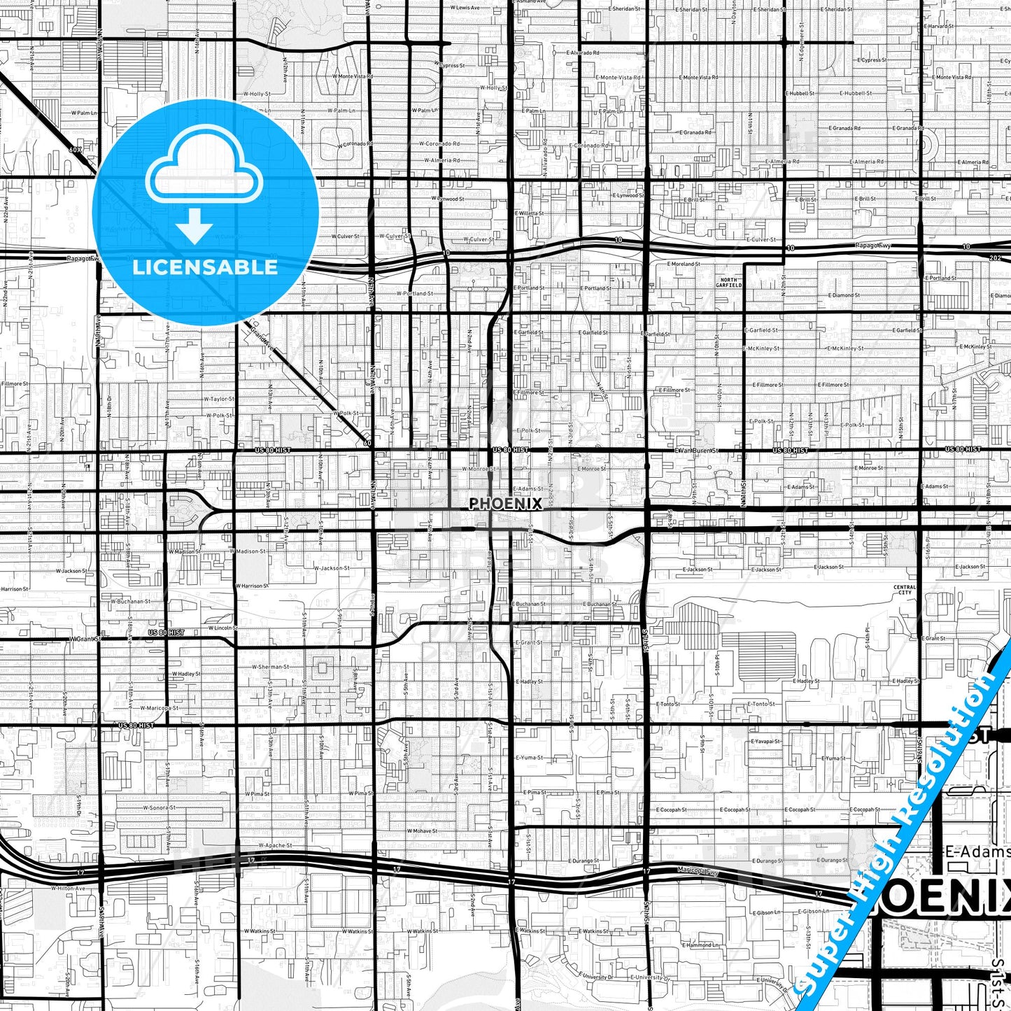 Phoenix, Arizona Light Map with Street Names, City Names, and Districts