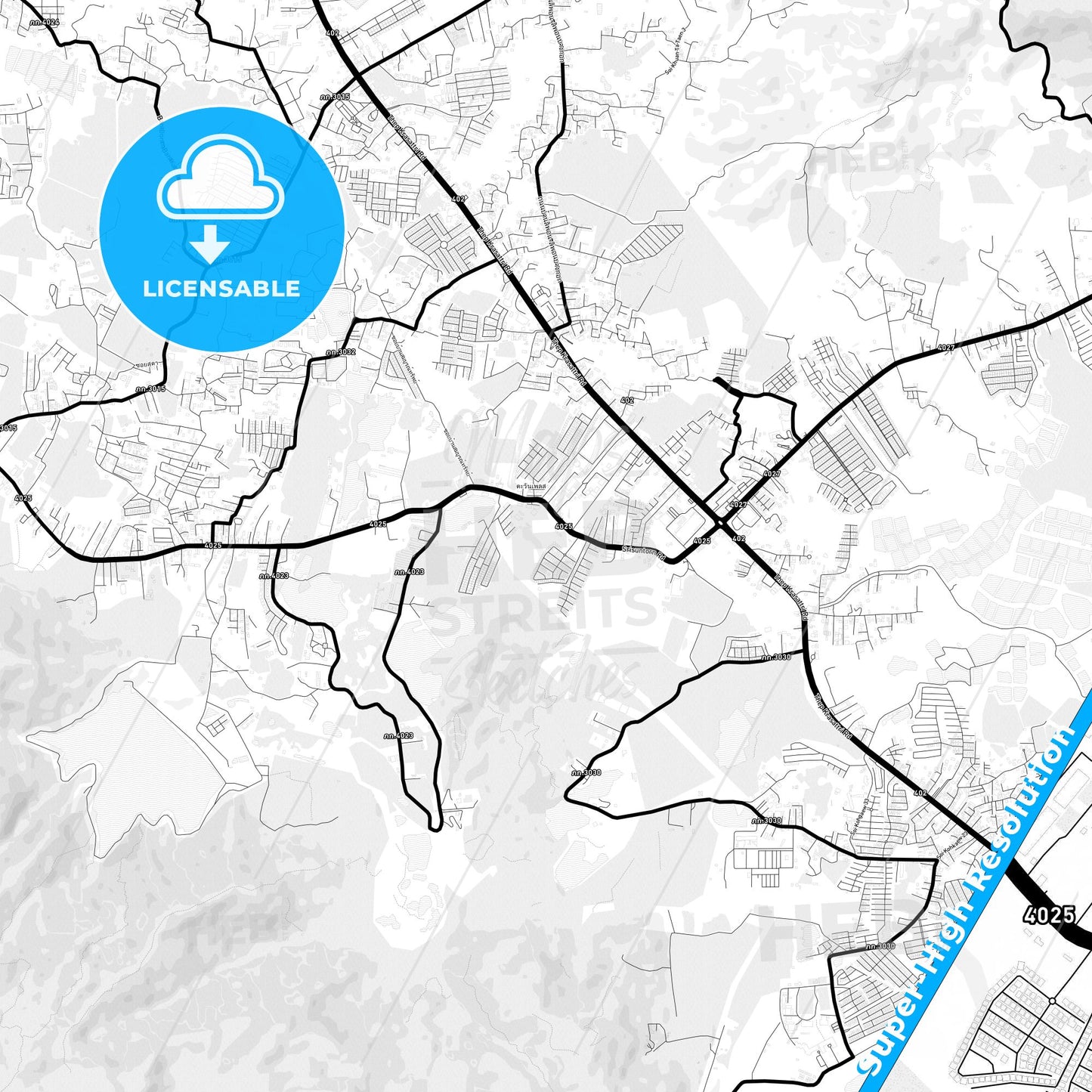 Phuket, Thailand Light Map with Street Names, City Names, and Districts