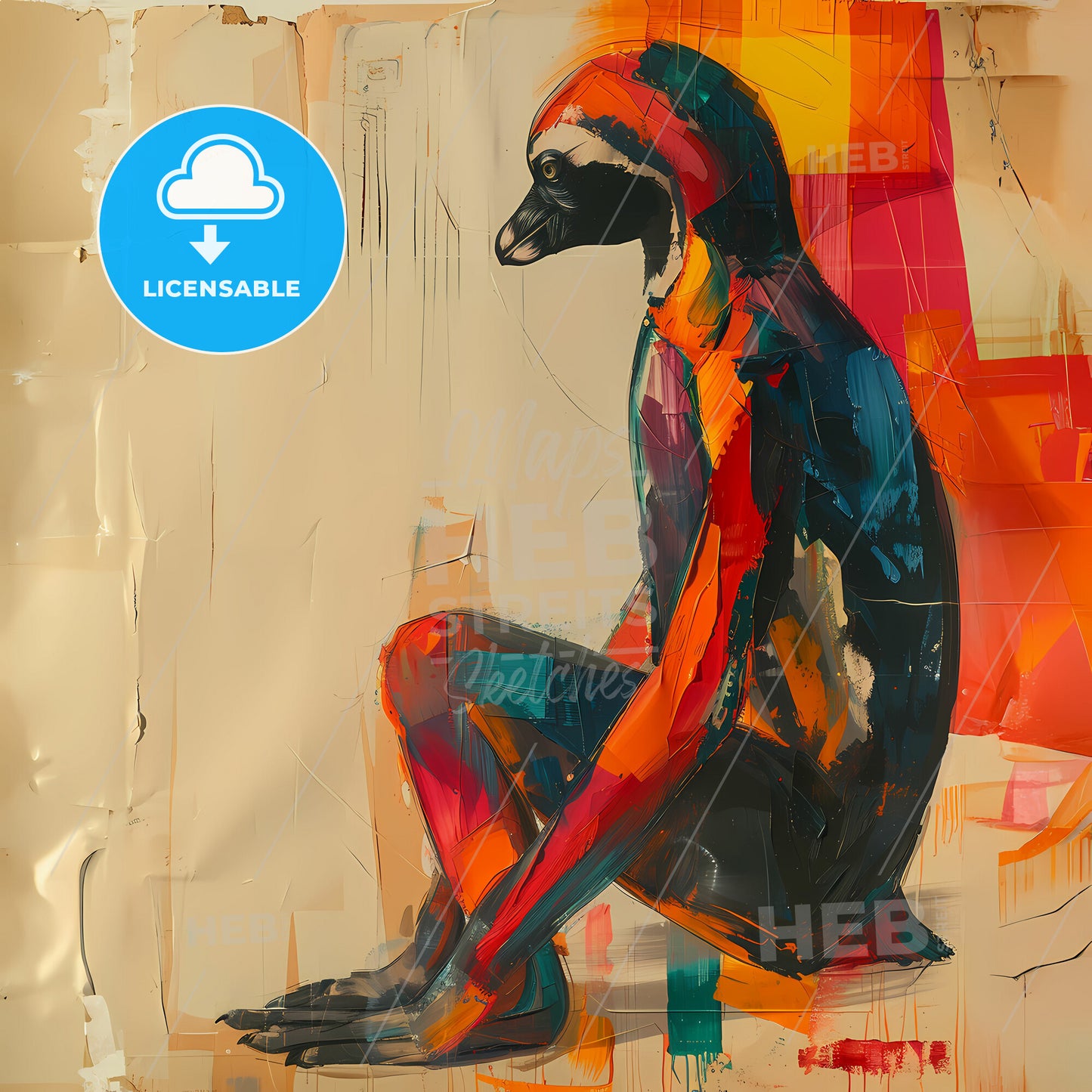 Picasso’s Period of Peculiar Penguins - A painting of a monkey sitting on a wall