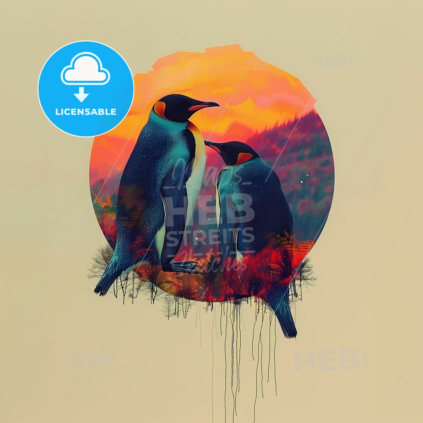 Picasso’s Period of Peculiar Penguins - Two penguins standing on a circle