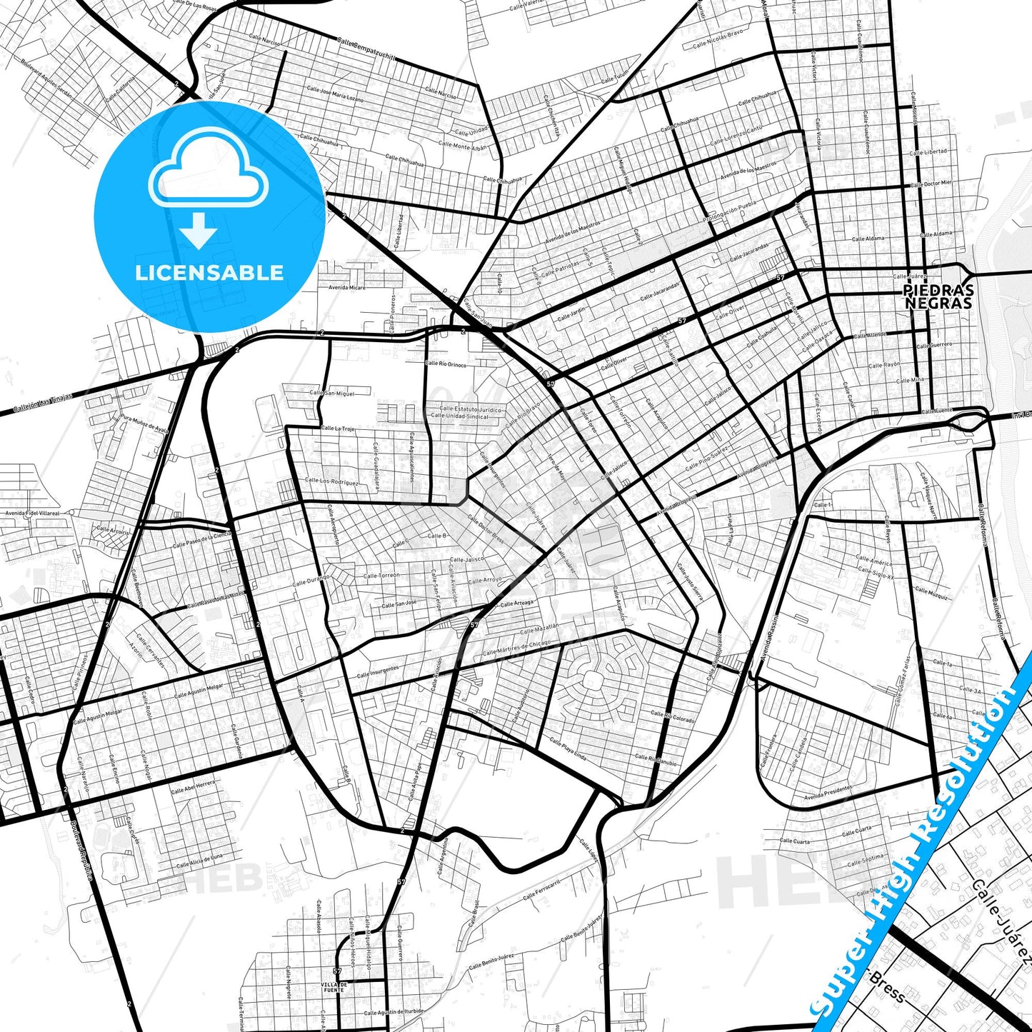 Piedras Negras, Mexico Light Map with Street Names, City Names, and Districts