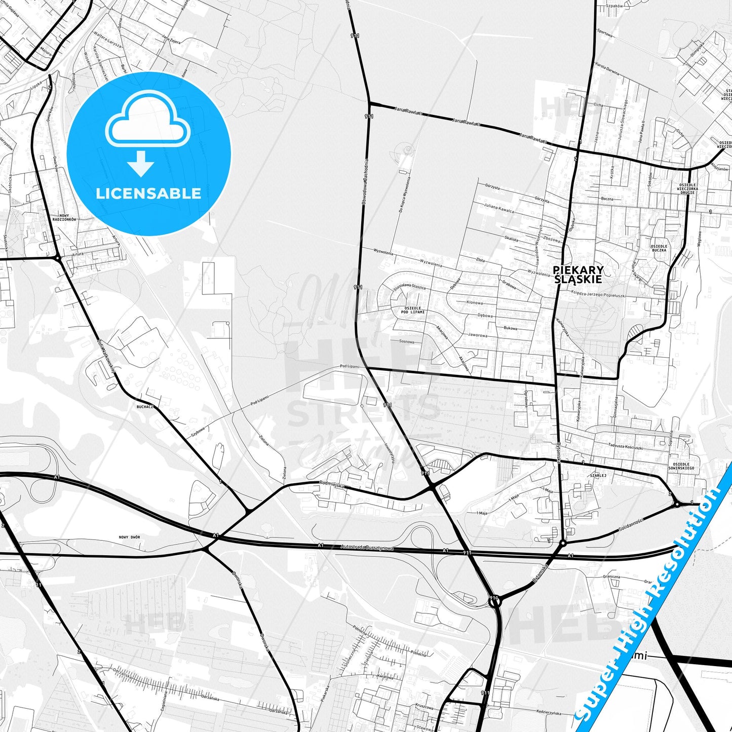 Piekary Śląskie, Poland Light Map with Street Names, City Names, and Districts