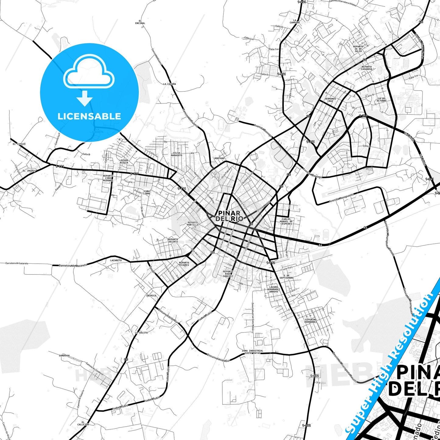 Pinar del Río, Cuba Light Map with Street Names, City Names, and Districts