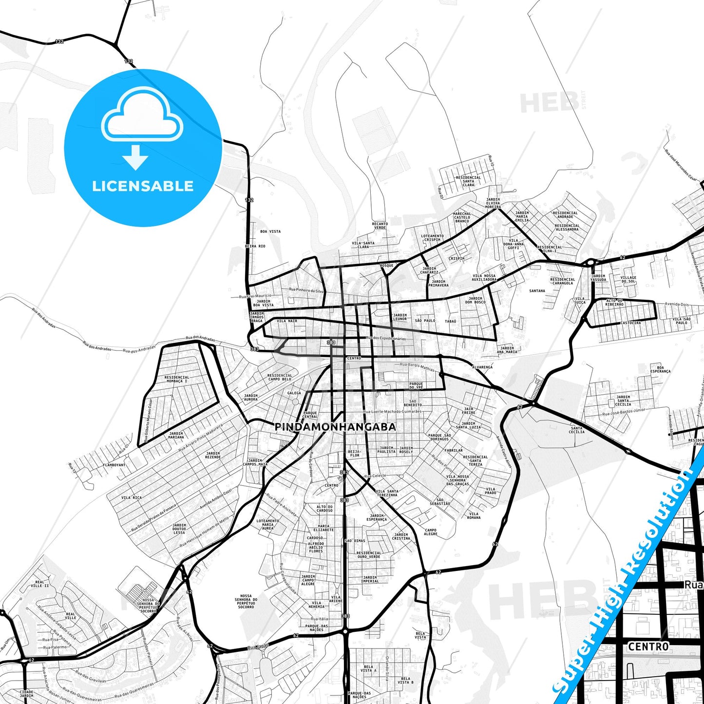 Pindamonhangaba, Brazil Light Map with Street Names, City Names, and Districts