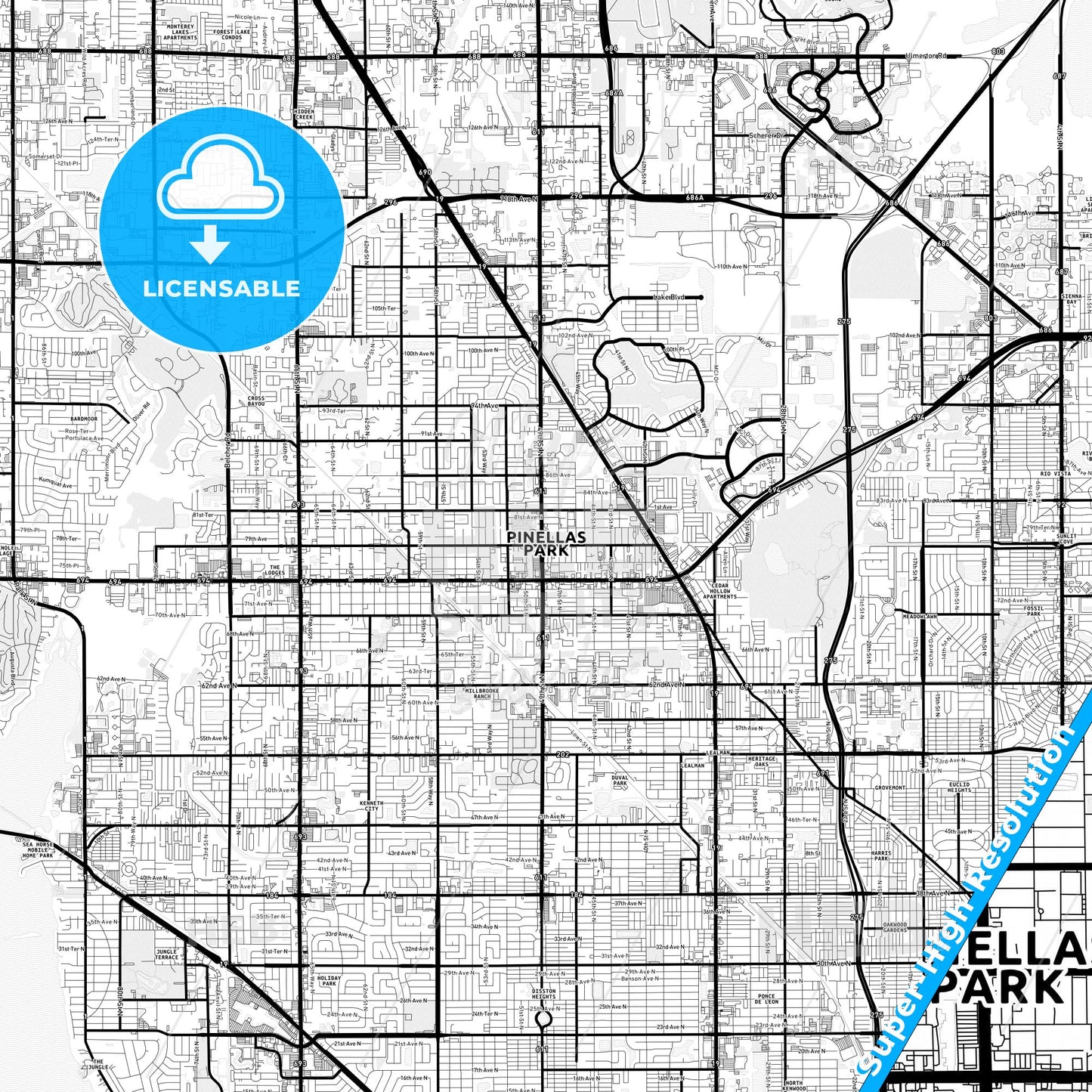 Pinellas Park, Florida Light Map with Street Names, City Names, and Districts