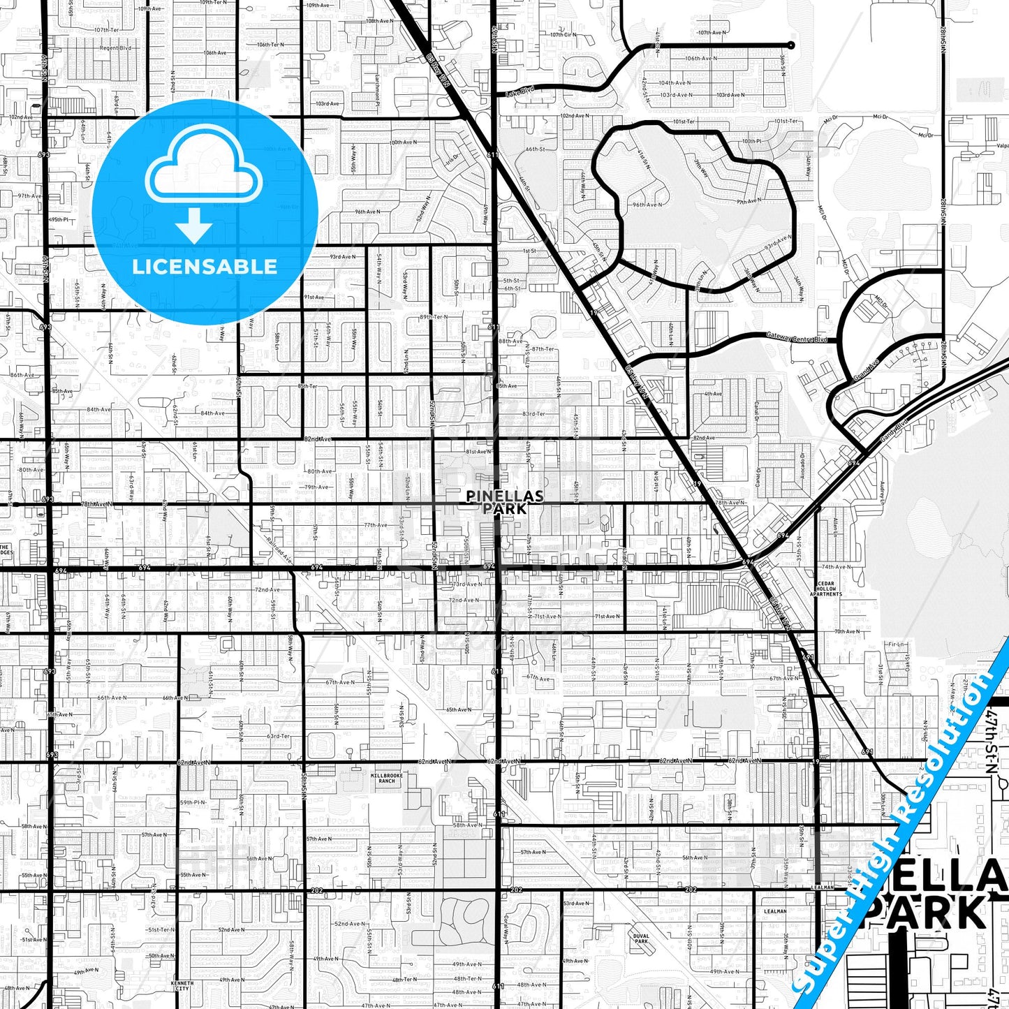 Pinellas Park, Florida Light Map with Street Names, City Names, and Districts