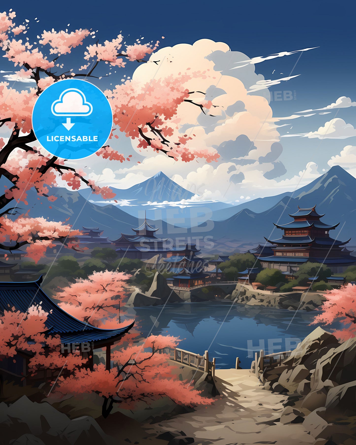 Vibrant Pingdingshan Cityscape Painting with Mountains, Village, and Lake