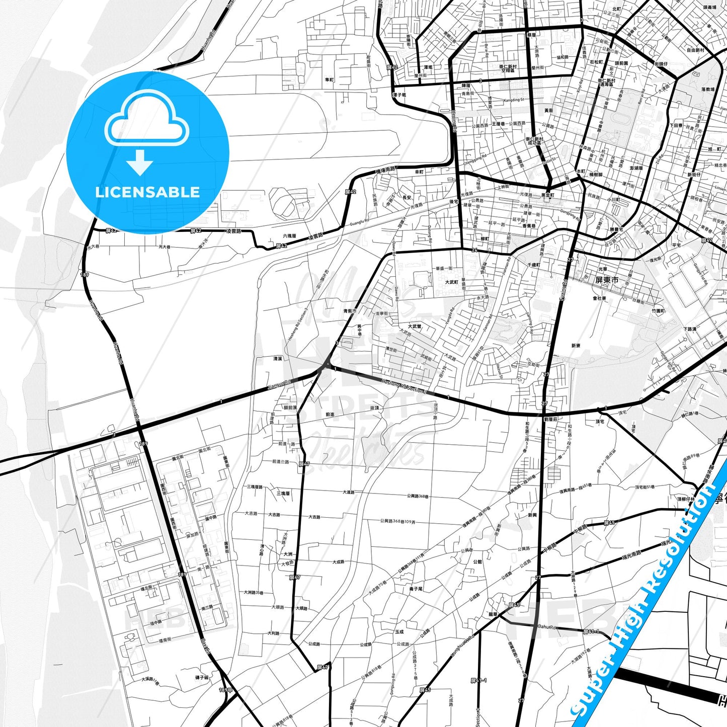 Pingtung, Taiwan Light Map with Street Names, City Names, and Districts