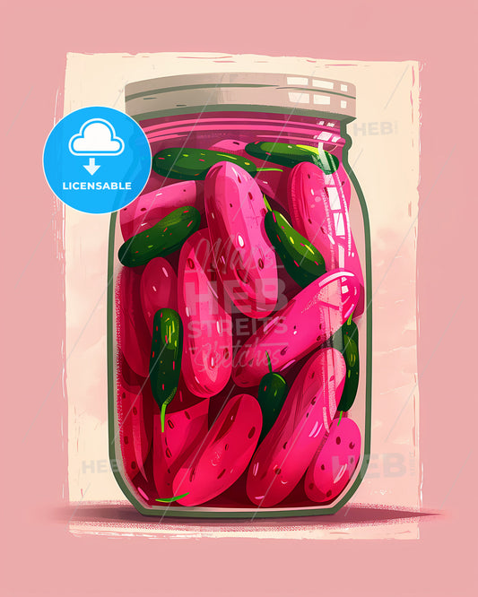 Vibrant Pink Pickles Illustration in Jar on White, Simple, Clean, Light, Airy, High Resolution, High Contrast, Bright Colors, Bold Lines, Soft Lighting, Detailed, Professional, Artistic, Painting