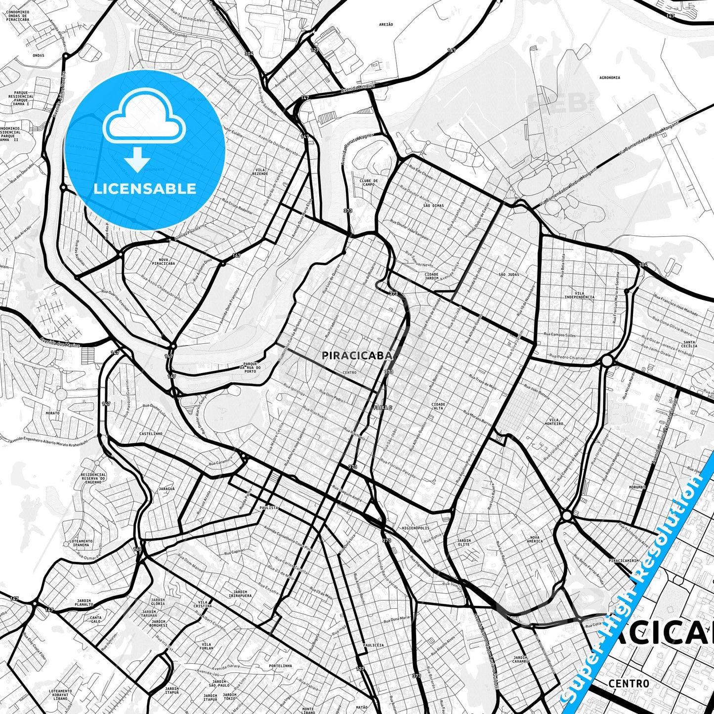 Piracicaba, Brazil Light Map with Street Names, City Names, and Districts
