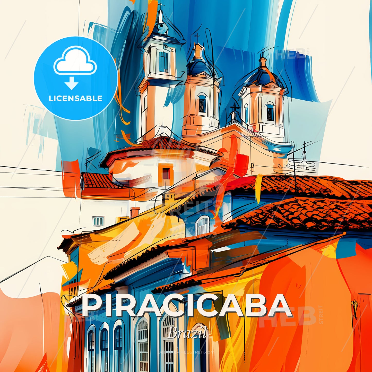Vibrant Piracicaba, Brazil - A Painting Of A Building With A Church On Top - Square format print template