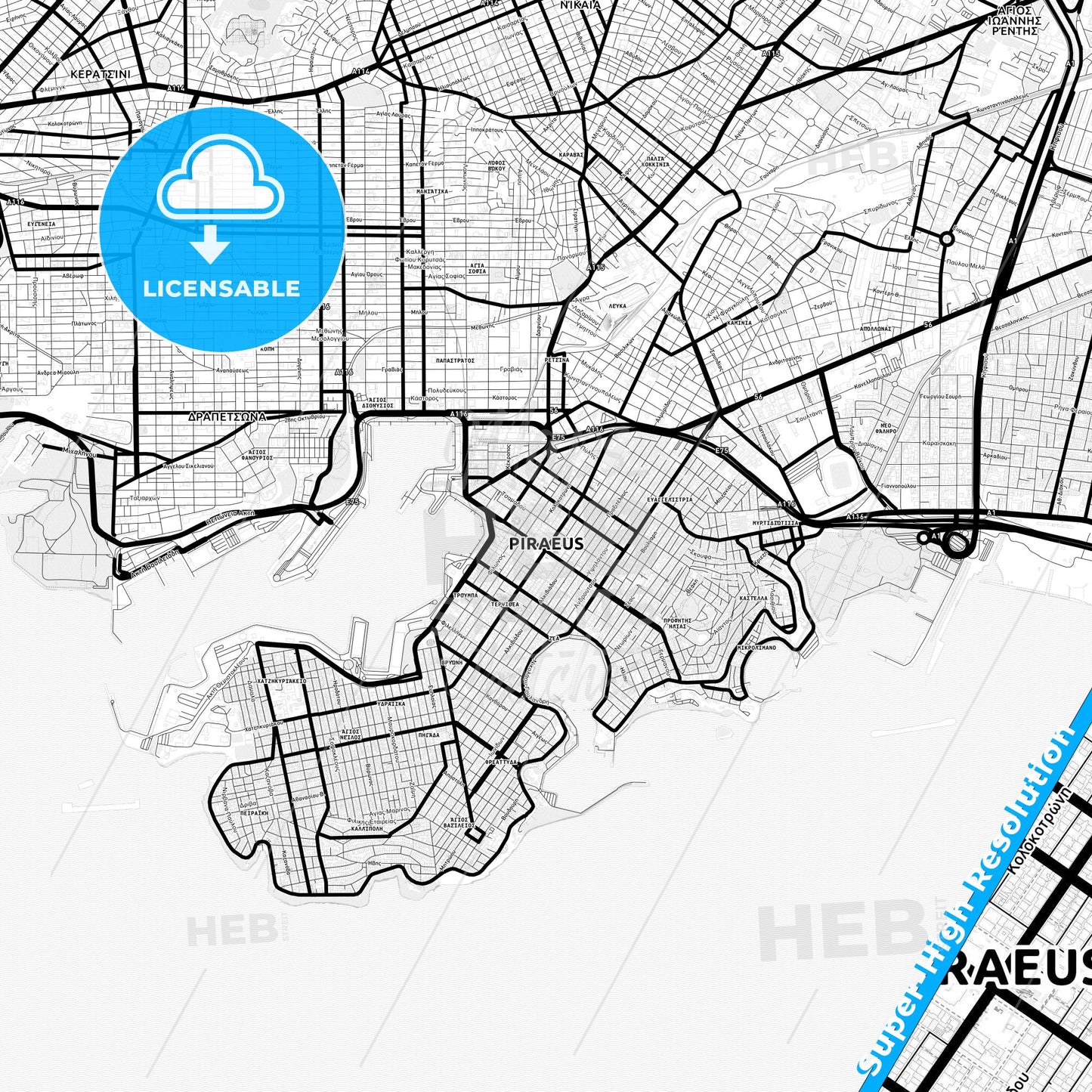 Piraeus, Greece Light Map with Street Names, City Names, and Districts