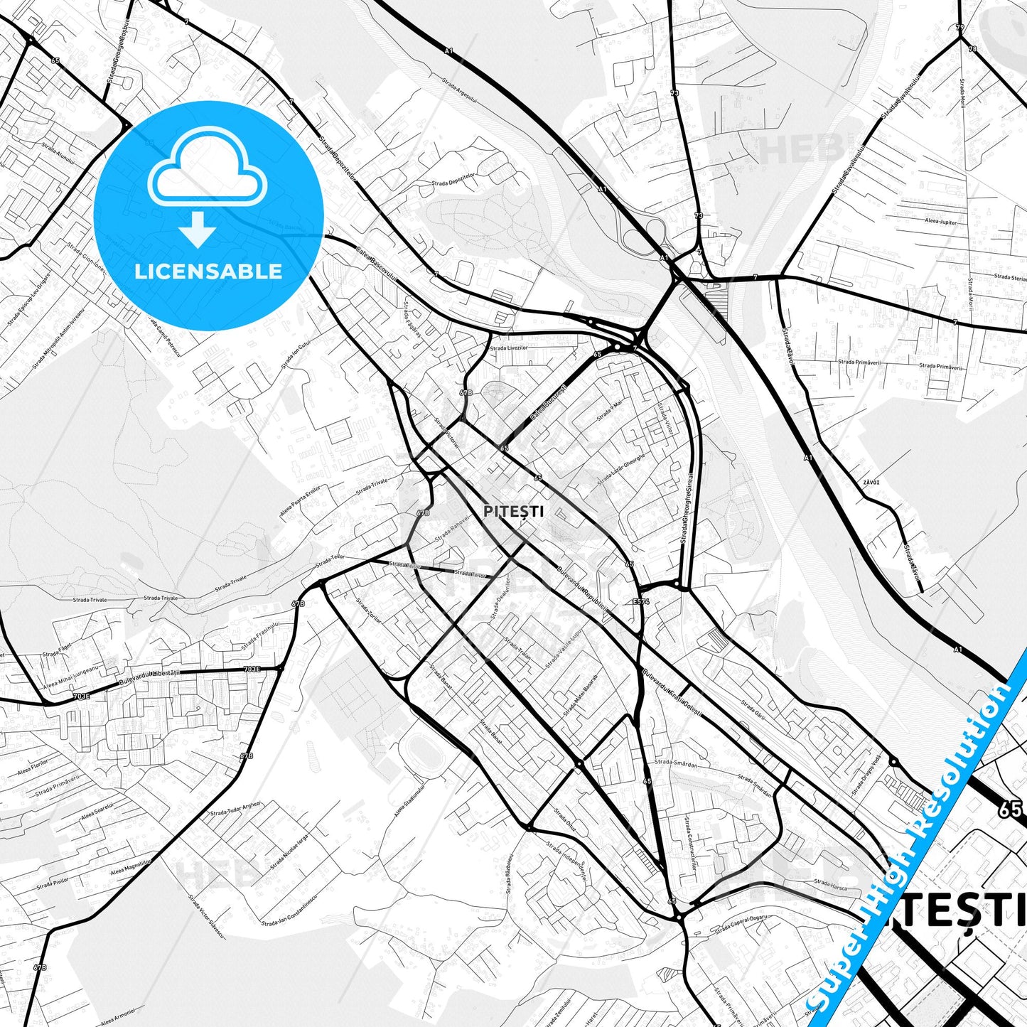 Pitești, Romania Light Map with Street Names, City Names, and Districts