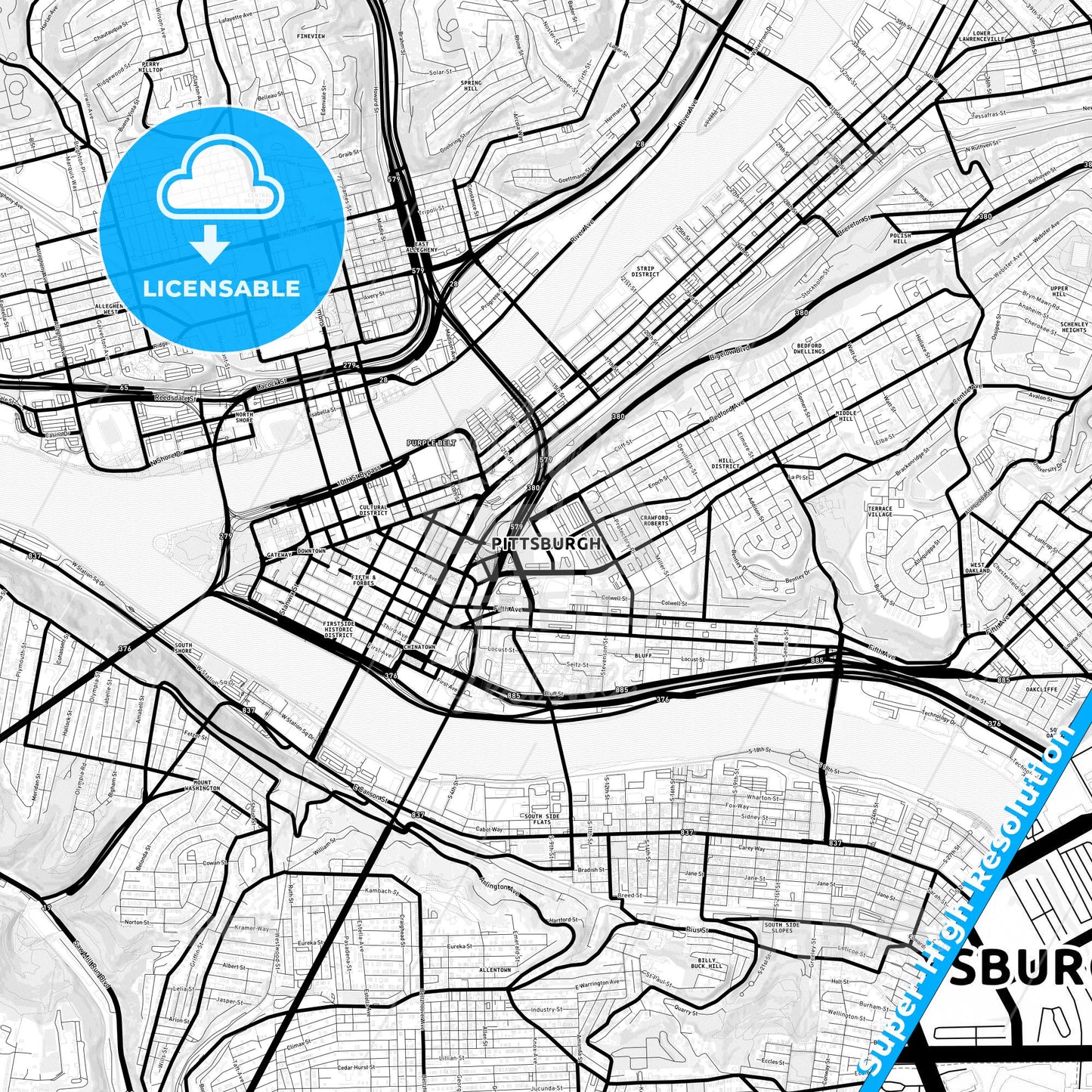 Pittsburgh, Pennsylvania Light Map with Street Names, City Names, and Districts