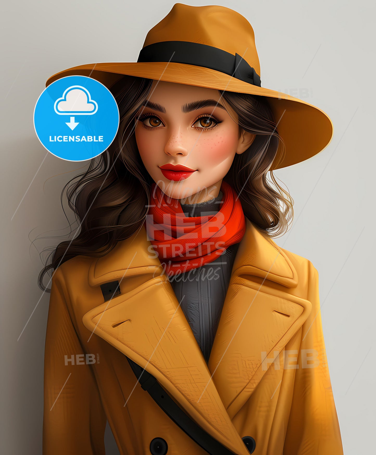 Vibrant Art: Cartoonish 20s Fashionista in Hat and Coat, Casual Pose, Blank Background