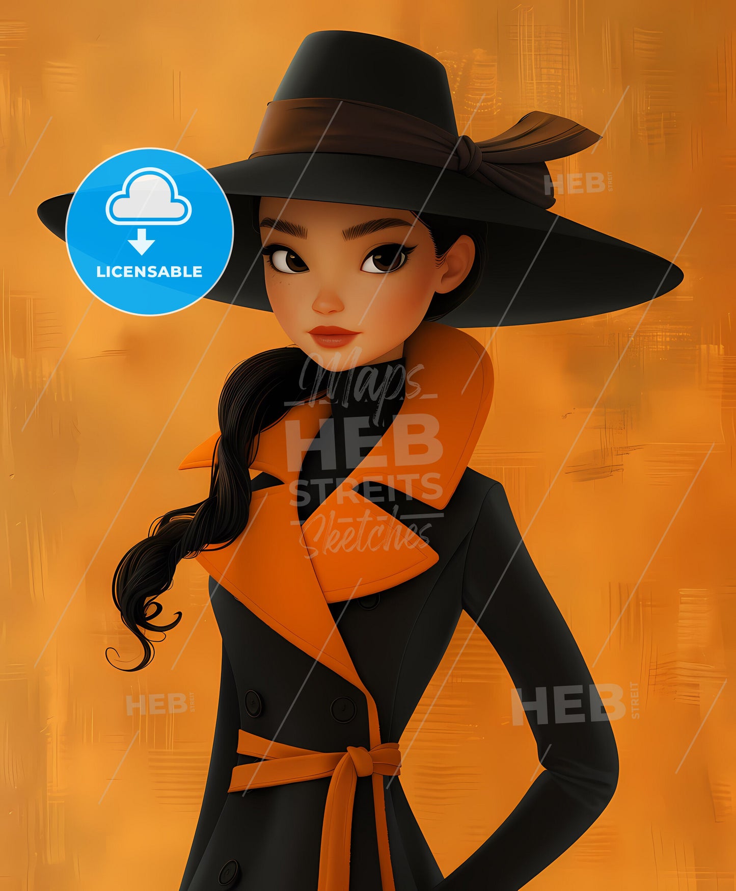 Cartoonish fashionably dressed woman black hat painting digital art art aspect