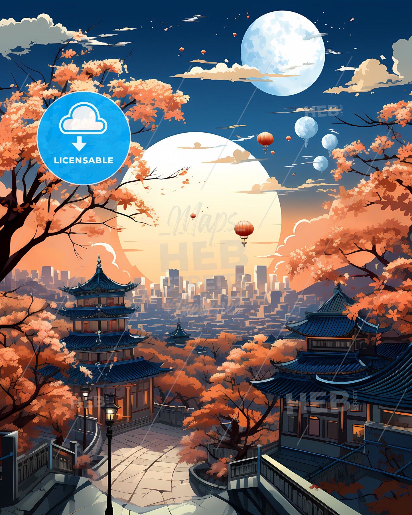 Artistic Skyline of Pizhou City Landscape with Colorful Buildings and Trees