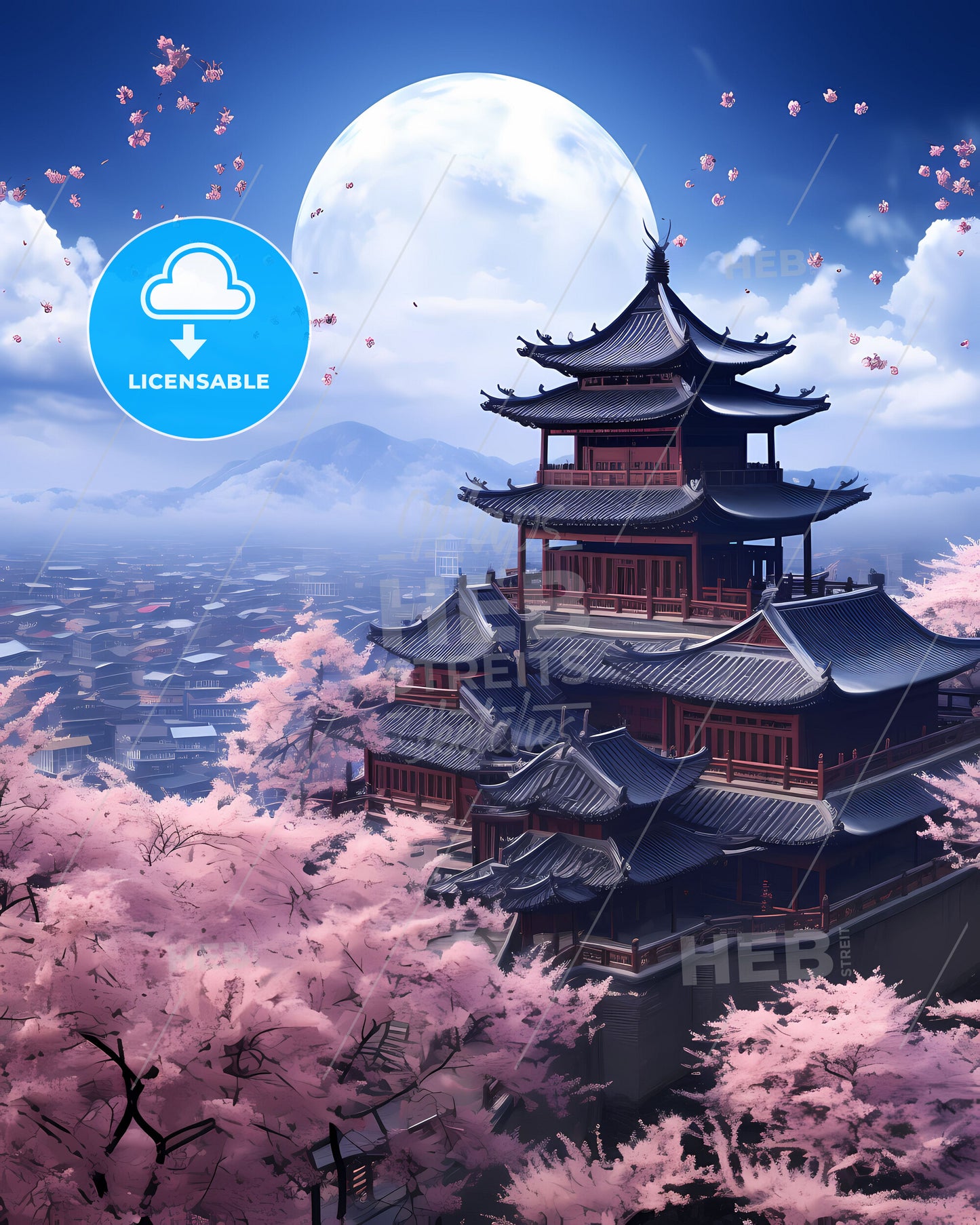 Vibrant Art Deco Skyline Painting: Pizhou, China Building with Tower and Cherry Blossoms