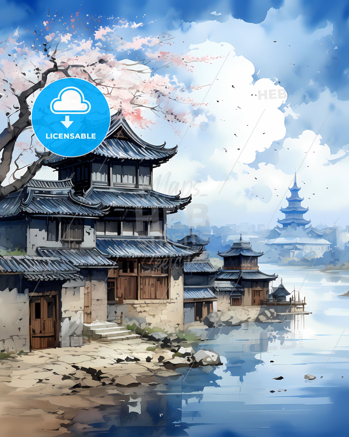 Cityscape Painting of a Vibrant City near a Body of Water in Pizhou, China with a Focus on the Artistic Elements