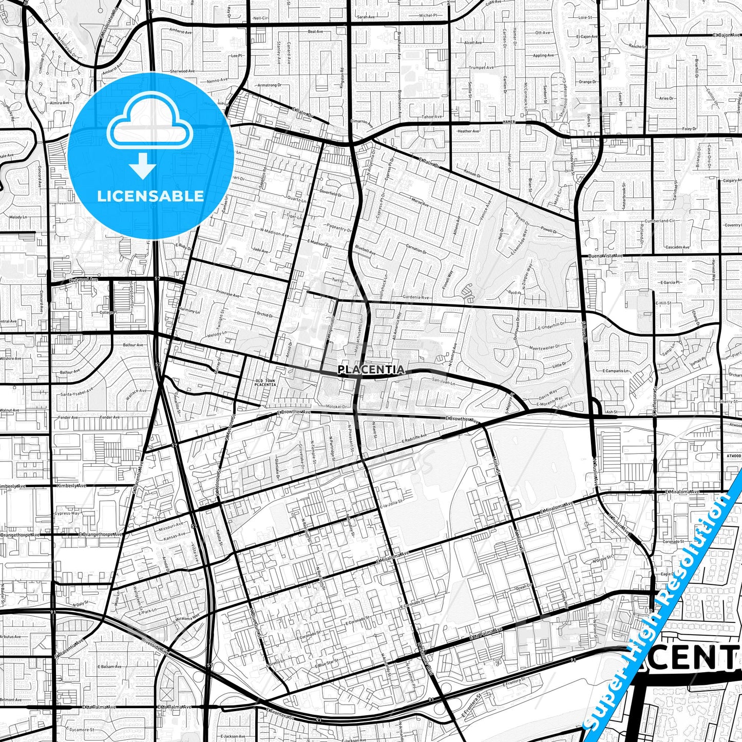 Placentia, California Light Map with Street Names, City Names, and Districts