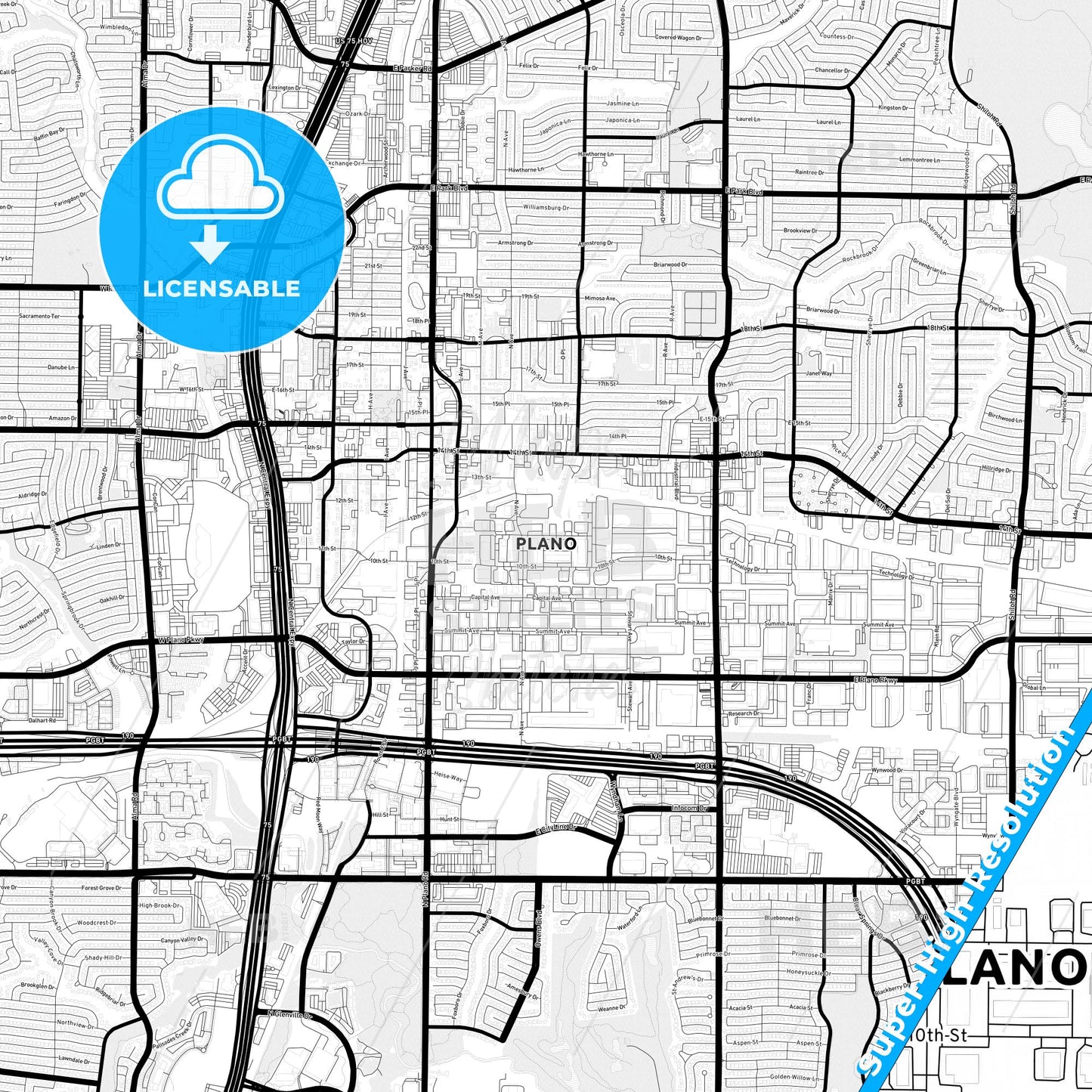 Plano, Texas Light Map with Street Names, City Names, and Districts