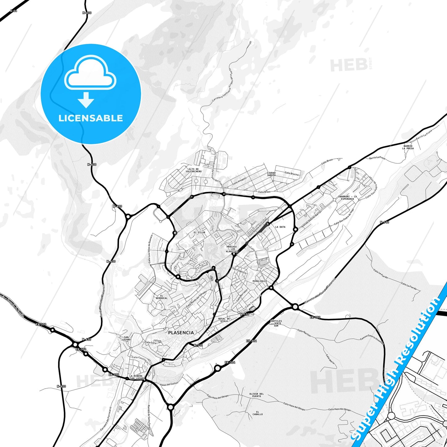 Plasencia, Spain Light Map with Street Names, City Names, and Districts