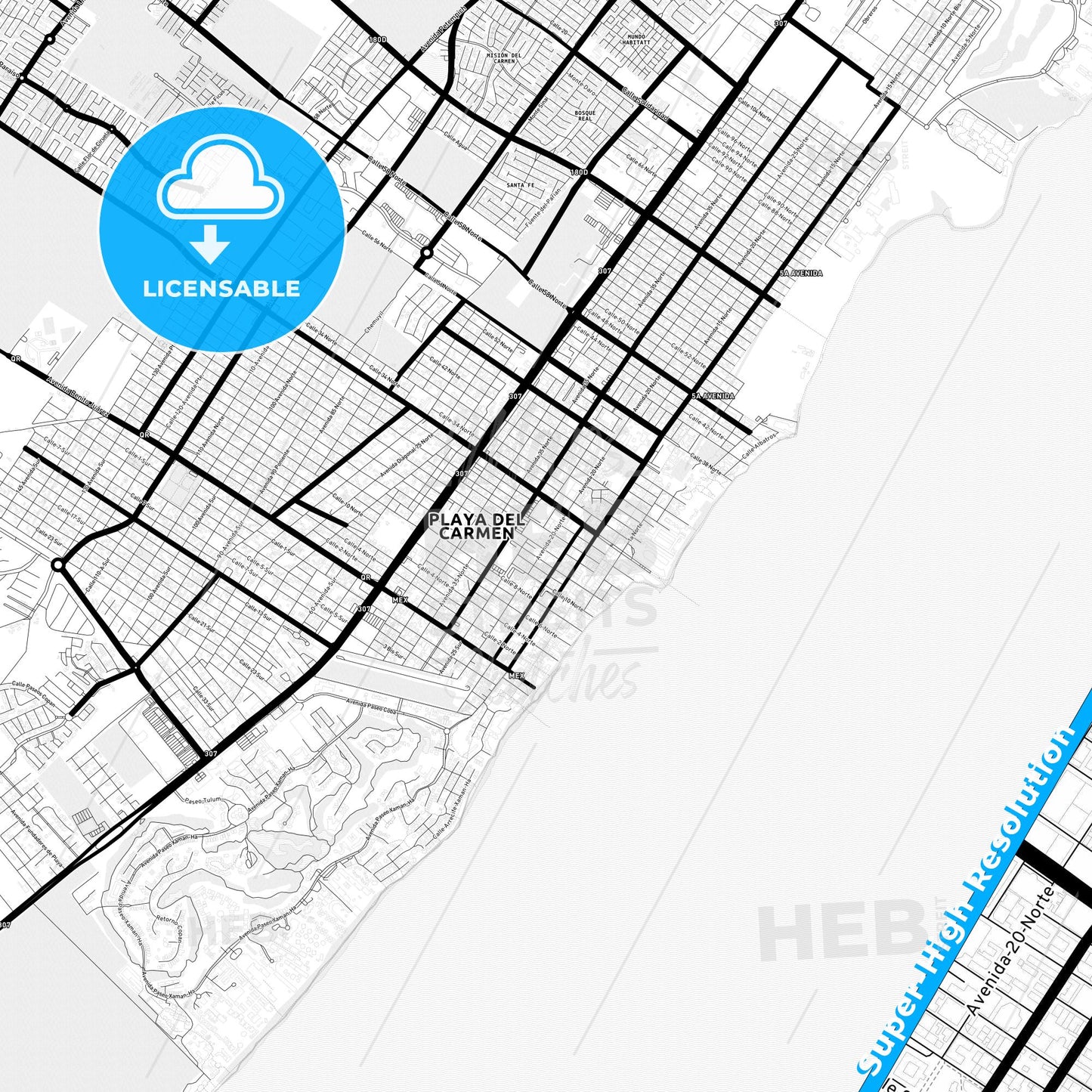Playa del Carmen, Mexico Light Map with Street Names, City Names, and Districts