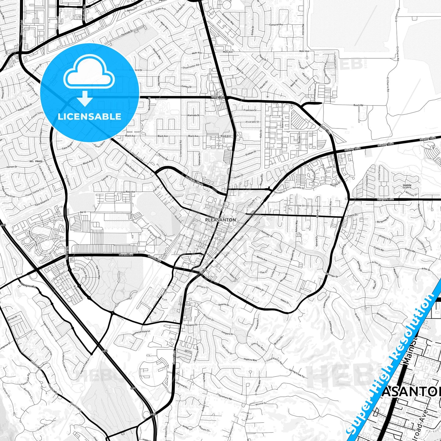 Pleasanton, California Light Map with Street Names, City Names, and Districts