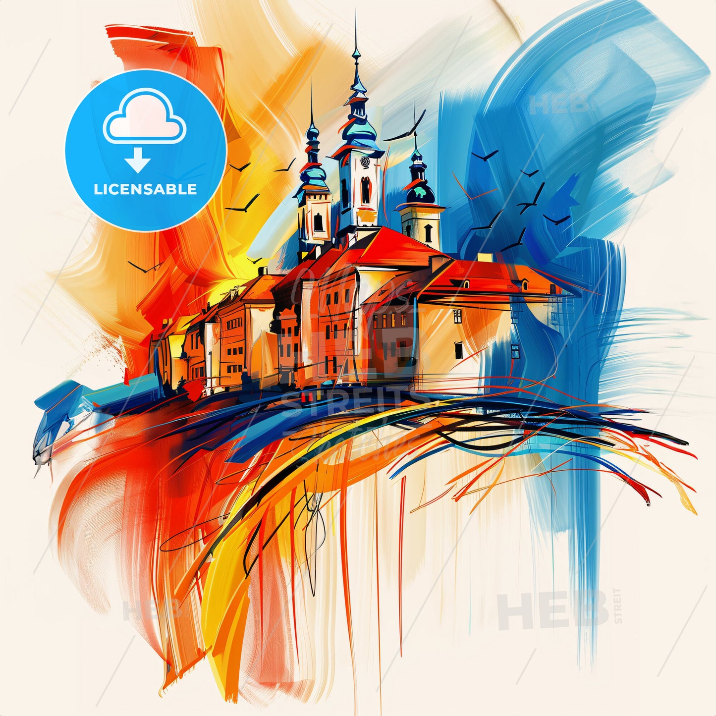 Vibrant Plzeň, Czechia - A Painting Of A Building With A Colorful Background