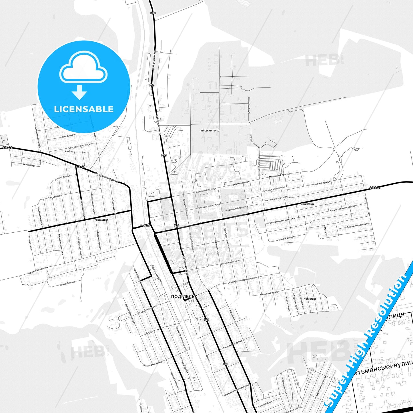 Podilsk, Ukraine Light Map with Street Names, City Names, and Districts